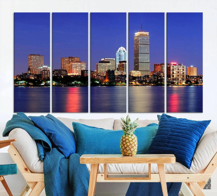 The Boston City Lights Night Purple Skyline Cityscape View Wall Art Canvas Print, hand-assembled and ready to hang, is displayed prominently.