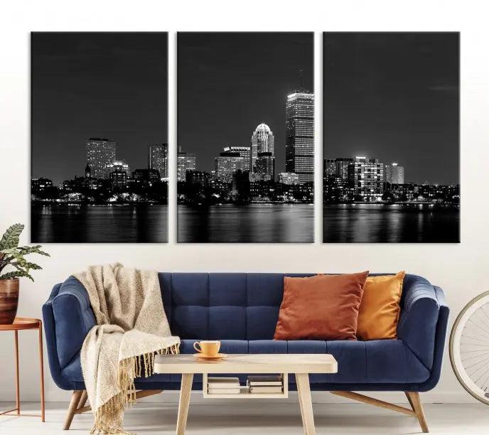 The Boston City Lights Skyline Black and White Wall Art Cityscape Print is expertly hand-assembled on museum-quality canvas. The artwork is ready to hang, adding elegance to the space.