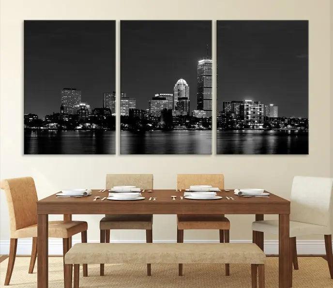 Boston City Lights Skyline Black and White Wall Art Cityscape Print 