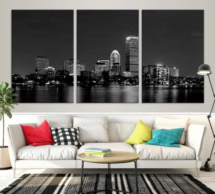 Boston City Lights Skyline Black and White Wall Art Cityscape Print 