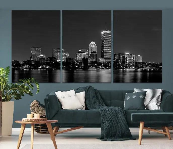 Boston City Lights Skyline Black and White Wall Art Cityscape Print 