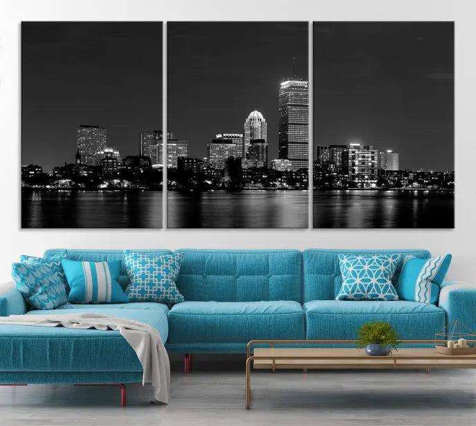 Boston City Lights Skyline Black and White Wall Art Cityscape Print 