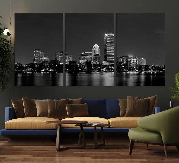 Boston City Lights Skyline Black and White Wall Art Cityscape Print 