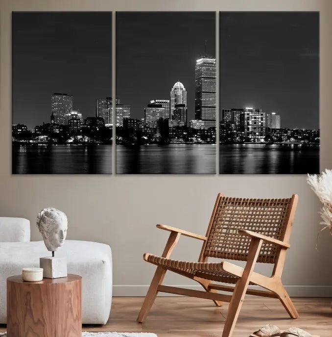 Boston City Lights Skyline Black and White Wall Art Cityscape Print 