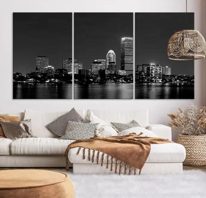 Boston City Lights Skyline Black and White Wall Art Cityscape Print 