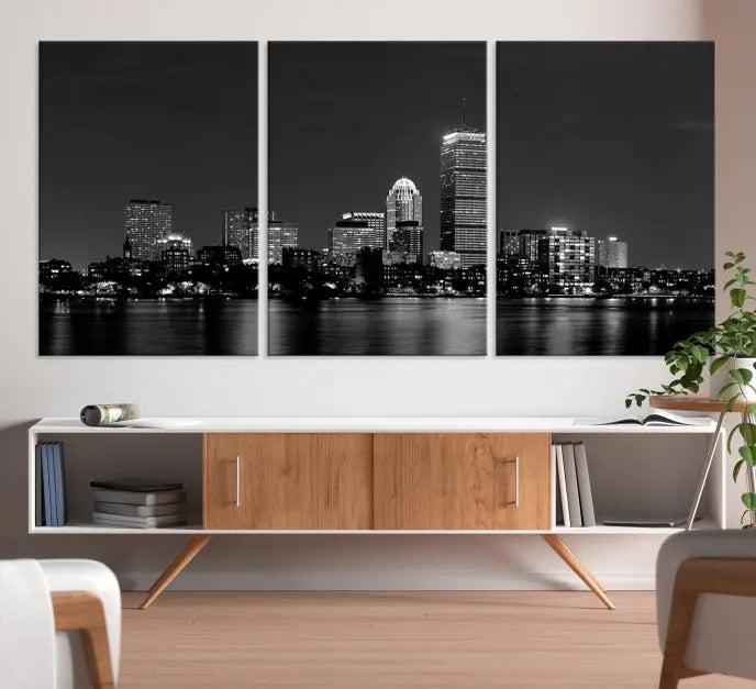 Boston City Lights Skyline Black and White Wall Art Cityscape Print 