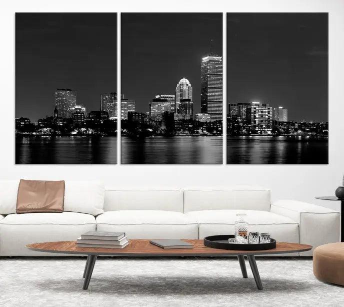 Boston City Lights Skyline Black and White Wall Art Cityscape Print 