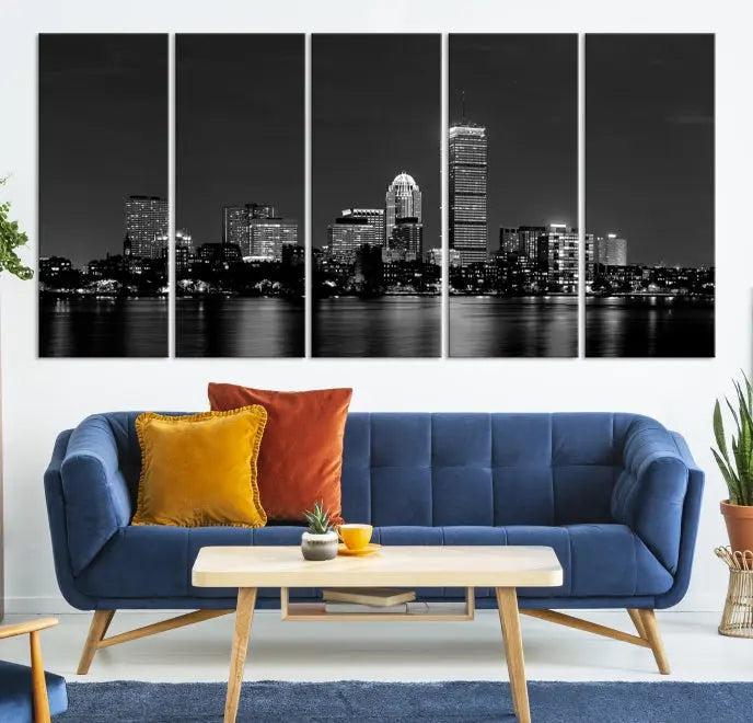 Boston City Lights Skyline Black and White Wall Art Cityscape Print 