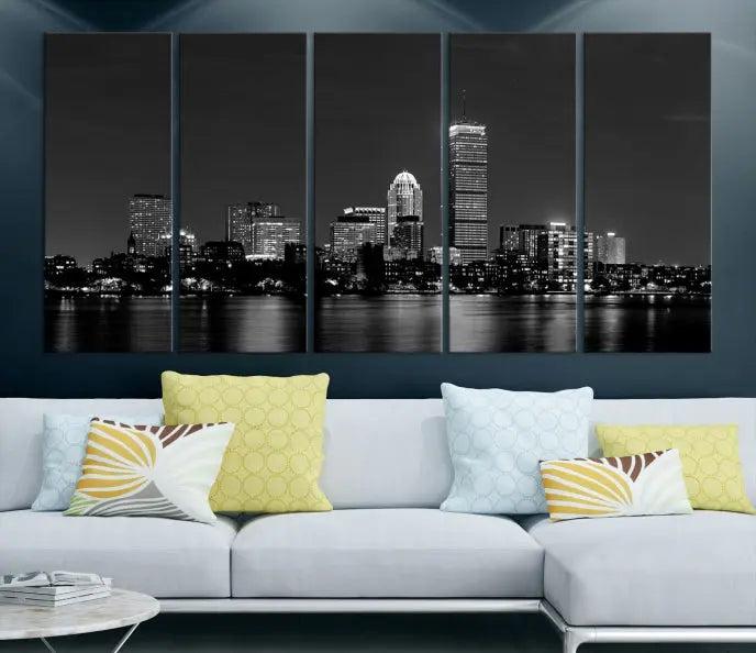 Boston City Lights Skyline Black and White Wall Art Cityscape Print 