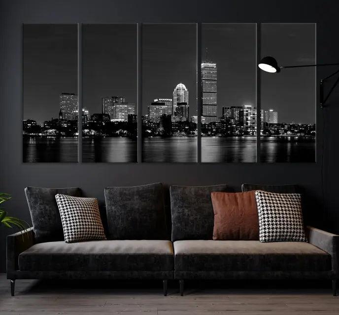 Boston City Lights Skyline Black and White Wall Art Cityscape Print 