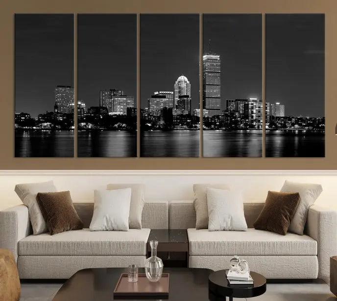 Boston City Lights Skyline Black and White Wall Art Cityscape Print 