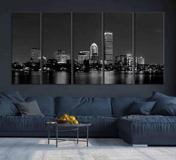 Boston City Lights Skyline Black and White Wall Art Cityscape Print 