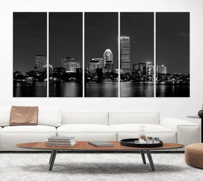 Boston City Lights Skyline Black and White Wall Art Cityscape Print 