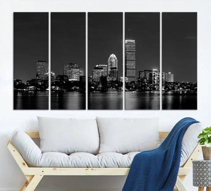 Boston City Lights Skyline Black and White Wall Art Cityscape Print 