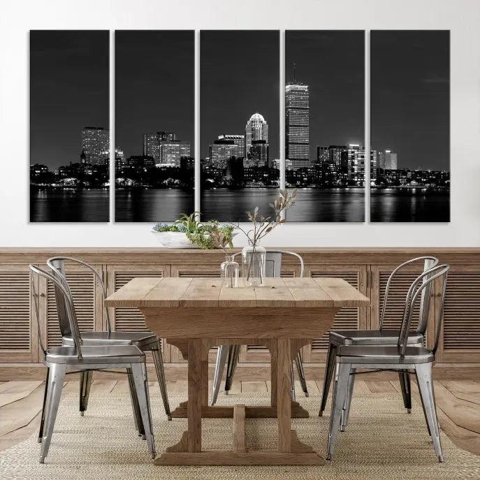 Boston City Lights Skyline Black and White Wall Art Cityscape Print 