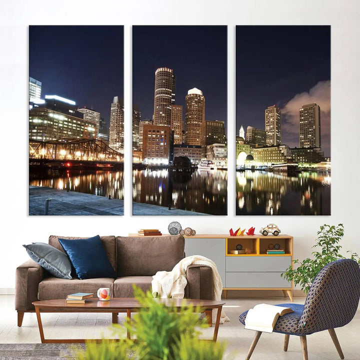 The Boston City Lights Skyline Cityscape View Wall Art Canvas Print showcases a nighttime cityscape on museum-quality canvas.