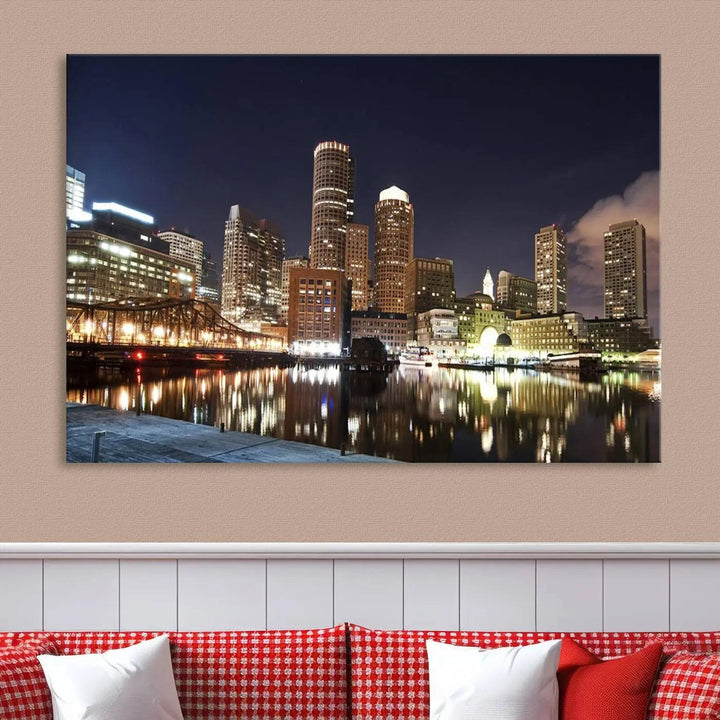 The Boston City Lights Skyline Cityscape View Wall Art Canvas Print showcases a nighttime cityscape on museum-quality canvas.