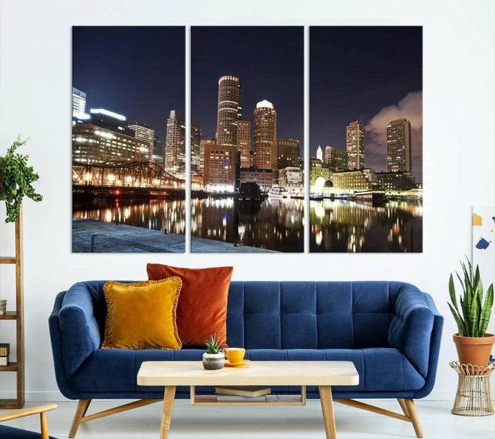 The Boston City Lights Skyline Cityscape View Wall Art Canvas Print showcases a nighttime cityscape on museum-quality canvas.