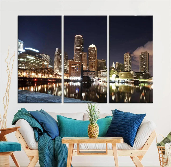 The Boston City Lights Skyline Cityscape View Wall Art Canvas Print showcases a nighttime cityscape on museum-quality canvas.