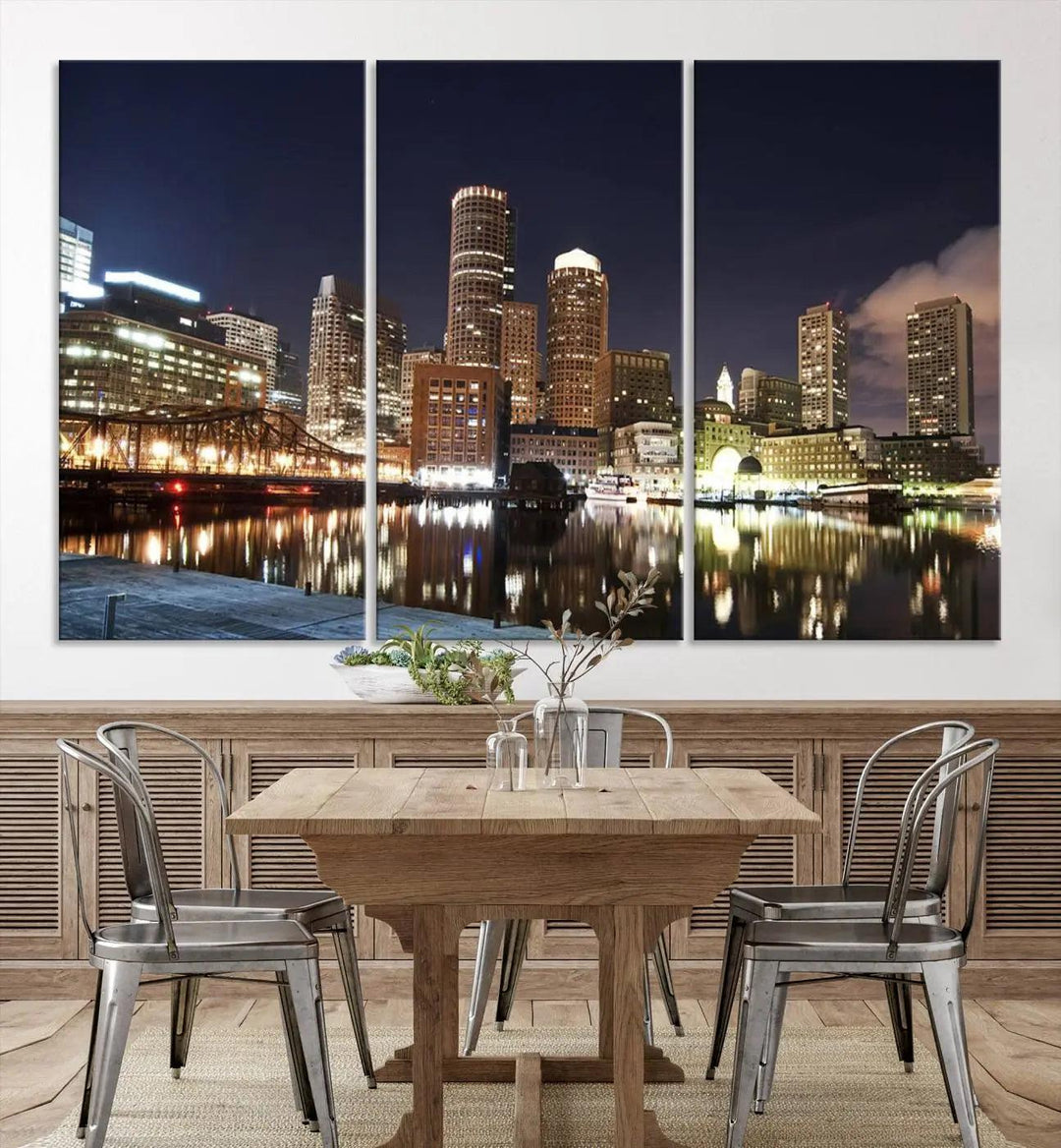 The Boston City Lights Skyline Cityscape View Wall Art Canvas Print showcases a nighttime cityscape on museum-quality canvas.