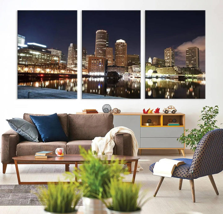 The Boston City Lights Skyline Cityscape View Wall Art Canvas Print showcases a nighttime cityscape on museum-quality canvas.