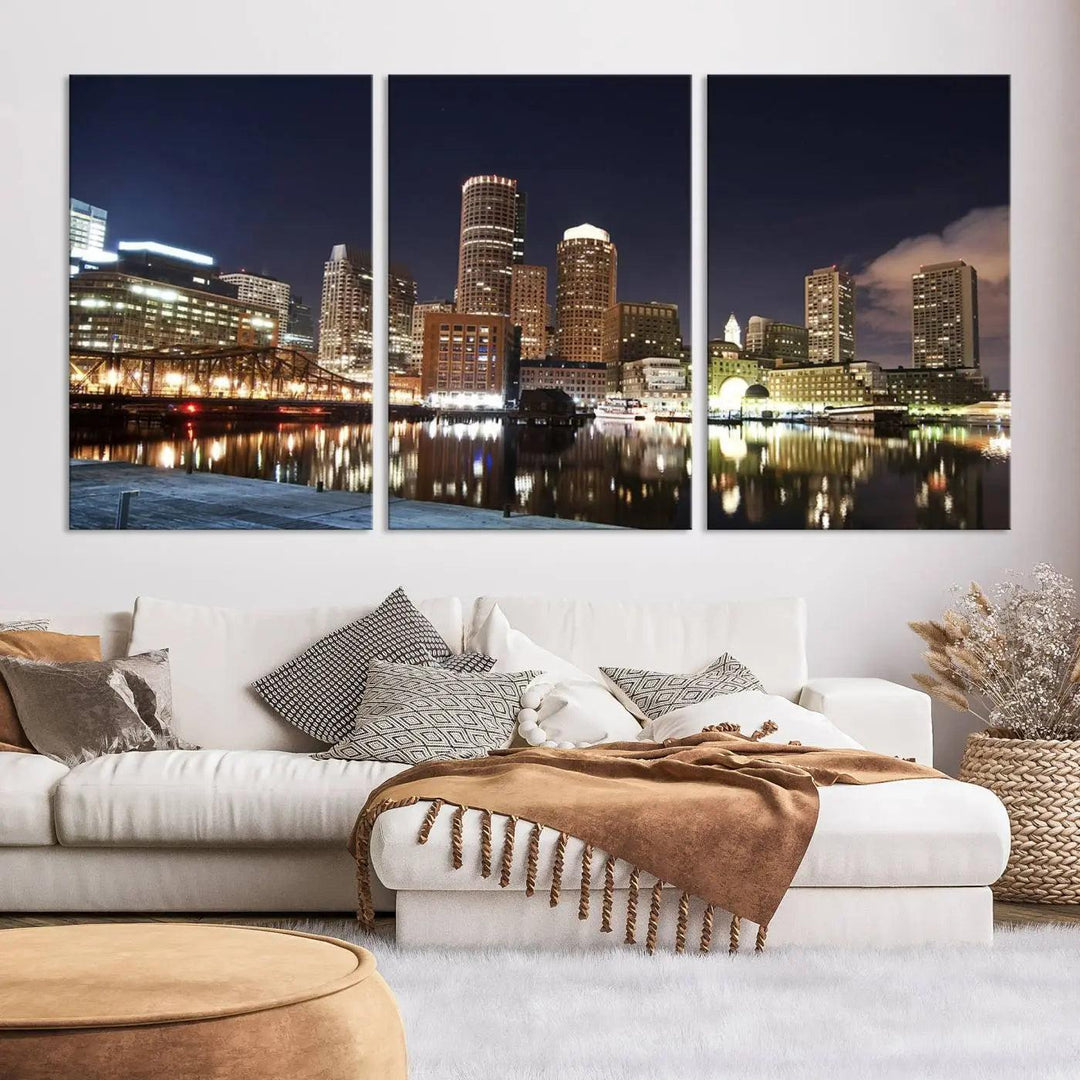 The Boston City Lights Skyline Cityscape View Wall Art Canvas Print showcases a nighttime cityscape on museum-quality canvas.