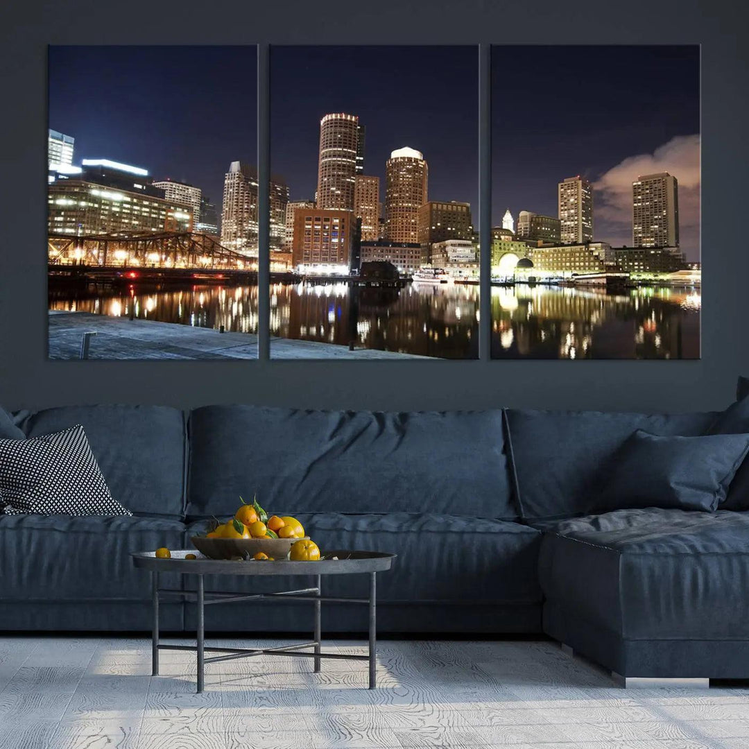 The Boston City Lights Skyline Cityscape View Wall Art Canvas Print showcases a nighttime cityscape on museum-quality canvas.