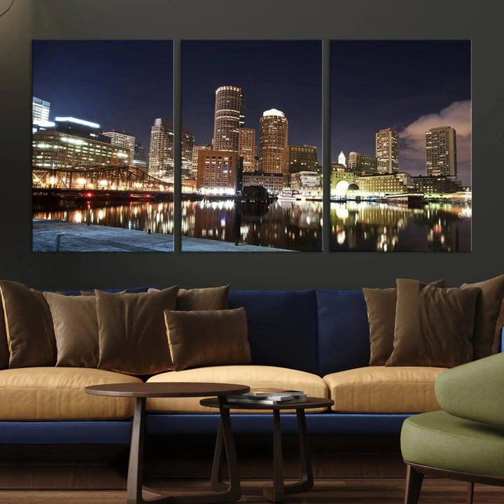 The Boston City Lights Skyline Cityscape View Wall Art Canvas Print showcases a nighttime cityscape on museum-quality canvas.