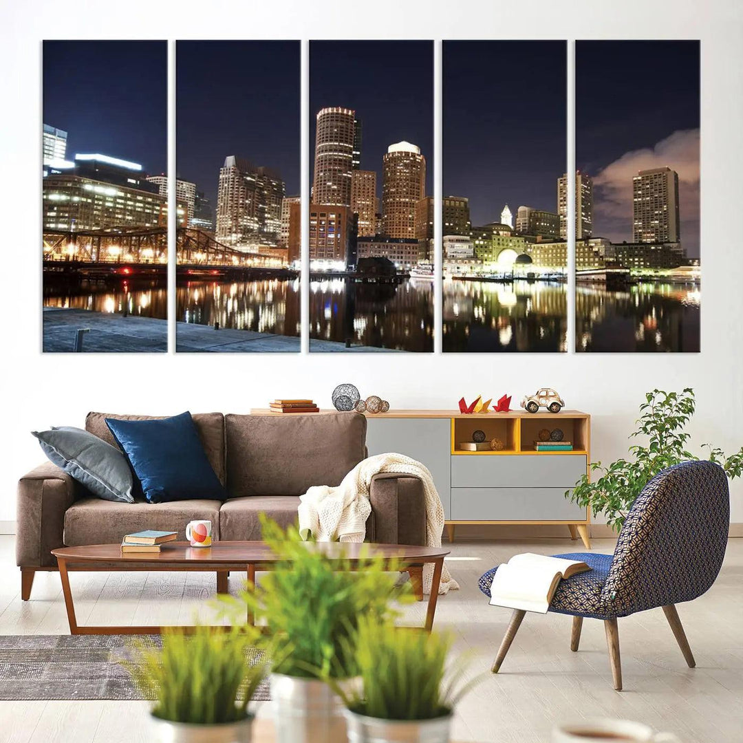 The Boston City Lights Skyline Cityscape View Wall Art Canvas Print showcases a nighttime cityscape on museum-quality canvas.