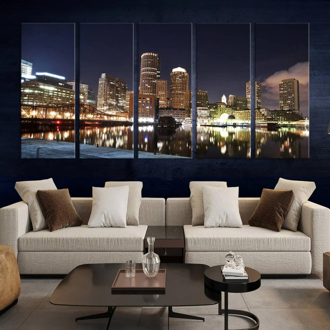 The Boston City Lights Skyline Cityscape View Wall Art Canvas Print showcases a nighttime cityscape on museum-quality canvas.