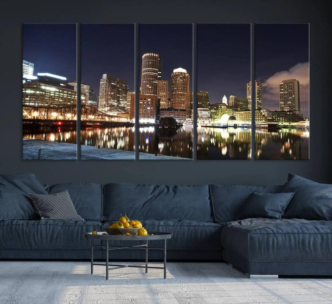 The Boston City Lights Skyline Cityscape View Wall Art Canvas Print showcases a nighttime cityscape on museum-quality canvas.