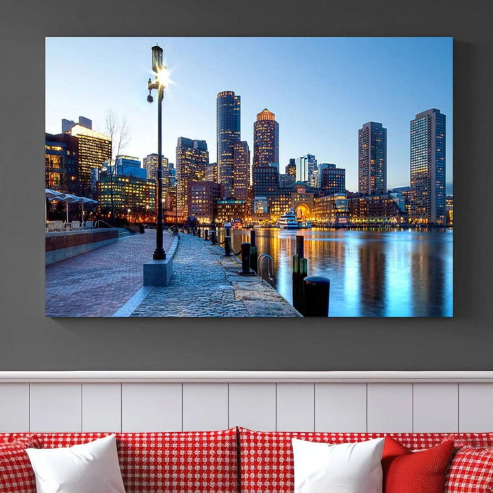 The modern living room features the Boston City Lights Sunrise Skyline Cityscape View Wall Art Canvas Print, crafted with museum-quality canvas and a UV-protective coating.