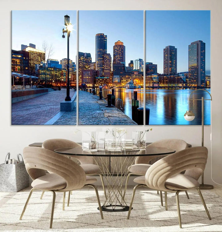 The modern living room features the Boston City Lights Sunrise Skyline Cityscape View Wall Art Canvas Print, crafted with museum-quality canvas and a UV-protective coating.