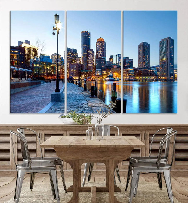 The modern living room features the Boston City Lights Sunrise Skyline Cityscape View Wall Art Canvas Print, crafted with museum-quality canvas and a UV-protective coating.