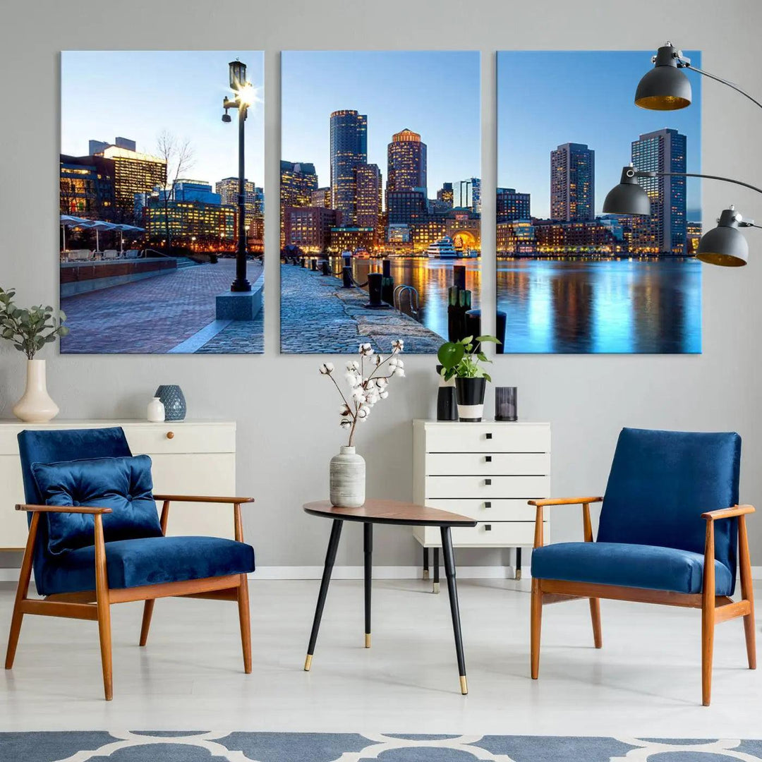 The modern living room features the Boston City Lights Sunrise Skyline Cityscape View Wall Art Canvas Print, crafted with museum-quality canvas and a UV-protective coating.