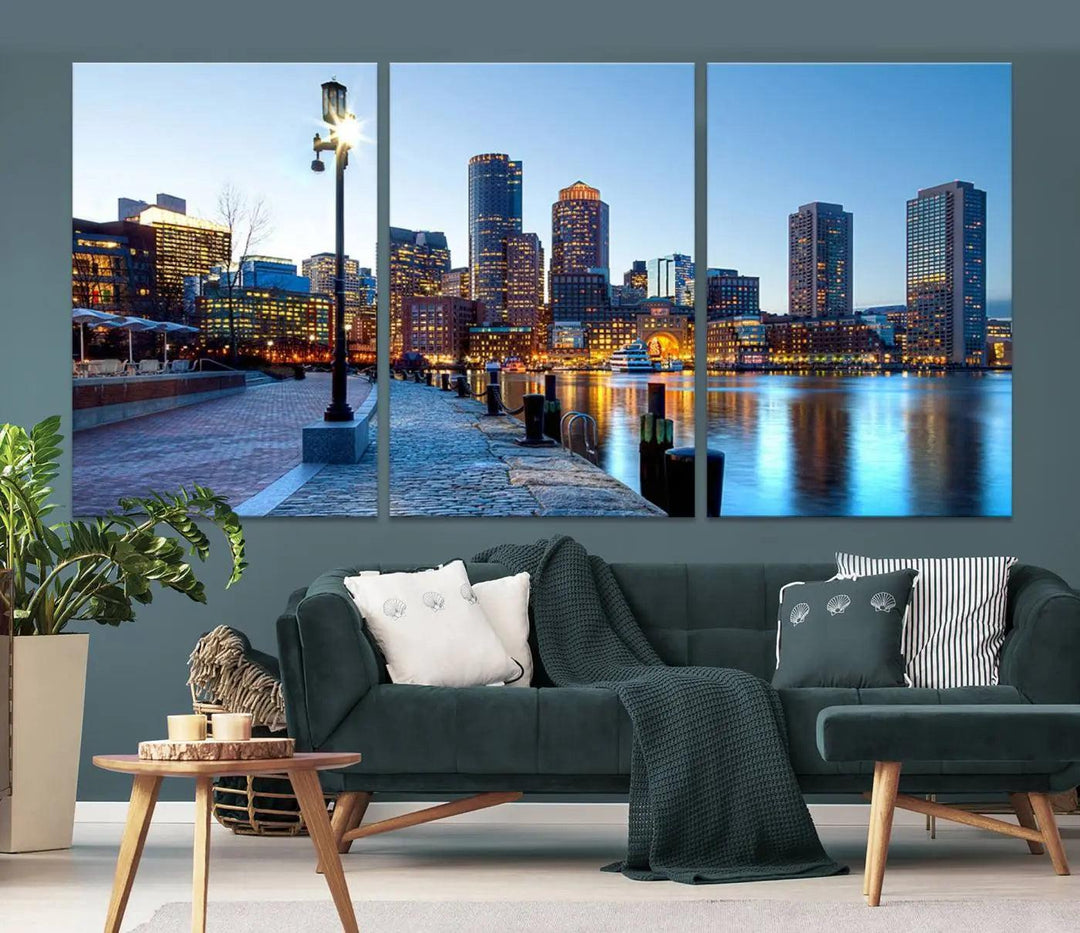 The modern living room features the Boston City Lights Sunrise Skyline Cityscape View Wall Art Canvas Print, crafted with museum-quality canvas and a UV-protective coating.