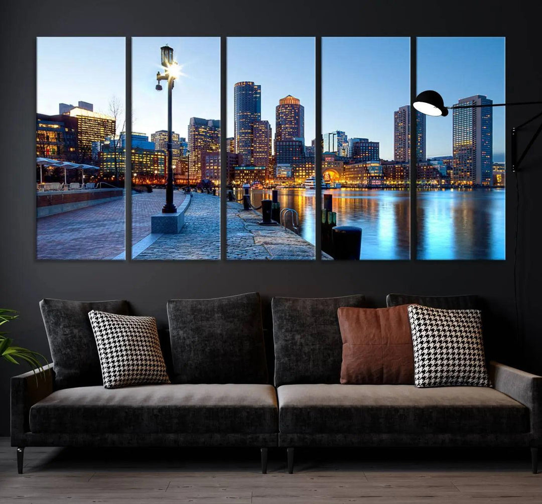 The modern living room features the Boston City Lights Sunrise Skyline Cityscape View Wall Art Canvas Print, crafted with museum-quality canvas and a UV-protective coating.