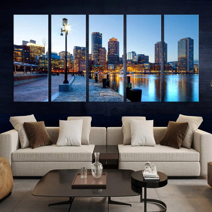 The modern living room features the Boston City Lights Sunrise Skyline Cityscape View Wall Art Canvas Print, crafted with museum-quality canvas and a UV-protective coating.