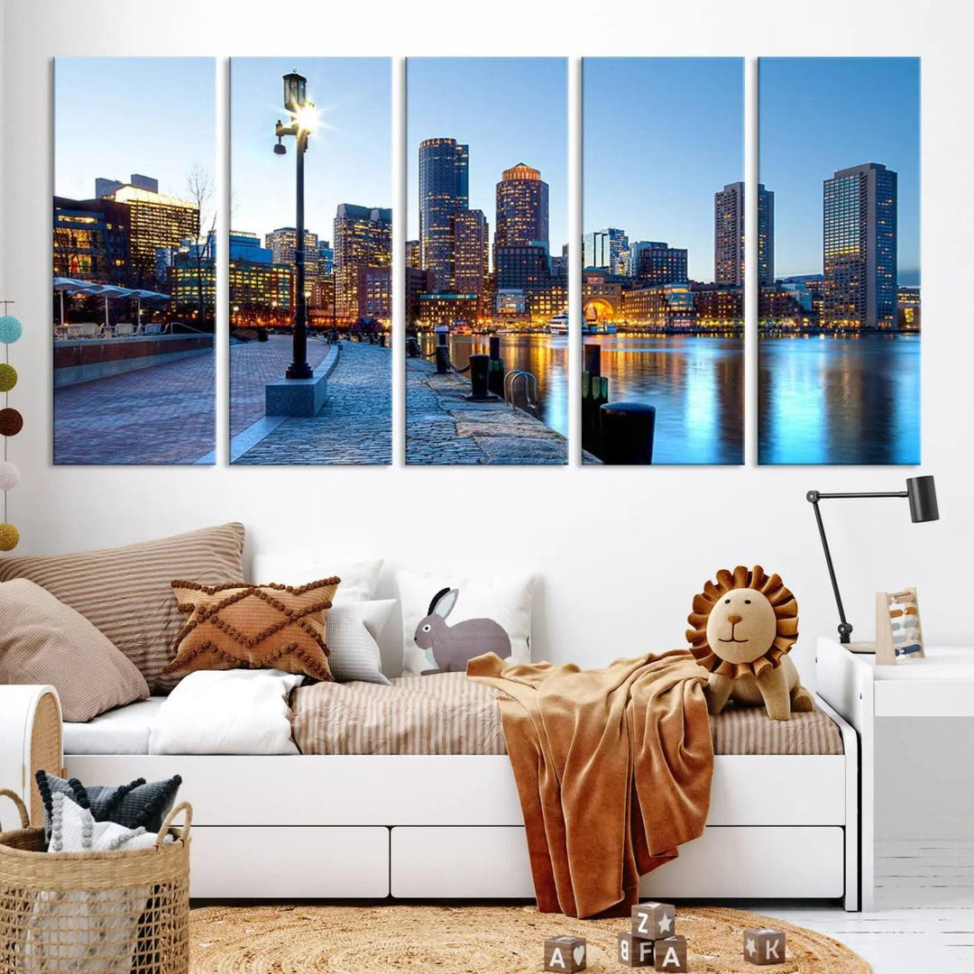 The modern living room features the Boston City Lights Sunrise Skyline Cityscape View Wall Art Canvas Print, crafted with museum-quality canvas and a UV-protective coating.