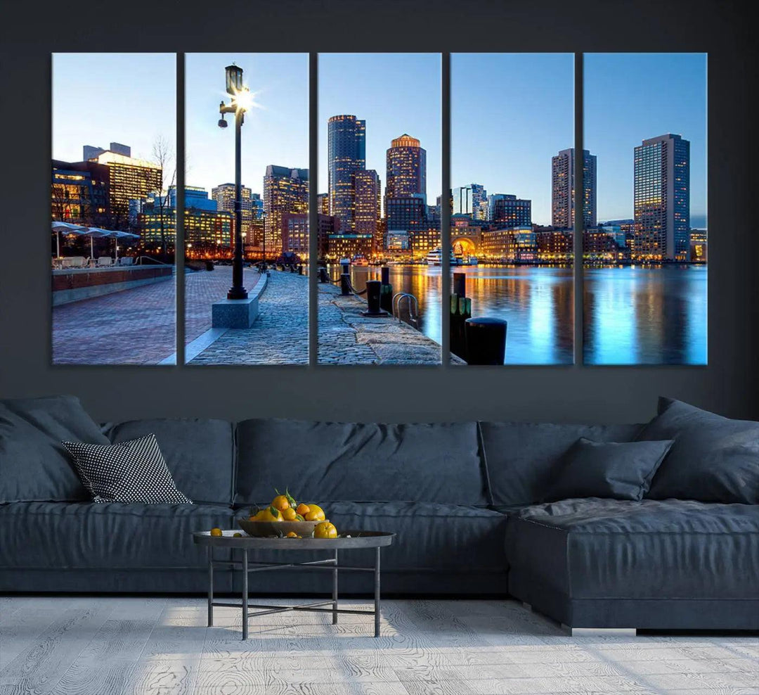 The modern living room features the Boston City Lights Sunrise Skyline Cityscape View Wall Art Canvas Print, crafted with museum-quality canvas and a UV-protective coating.