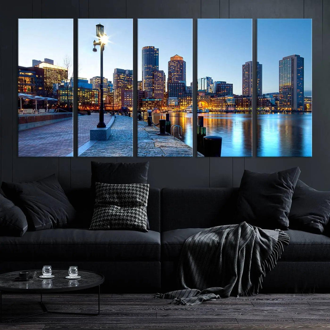 The modern living room features the Boston City Lights Sunrise Skyline Cityscape View Wall Art Canvas Print, crafted with museum-quality canvas and a UV-protective coating.