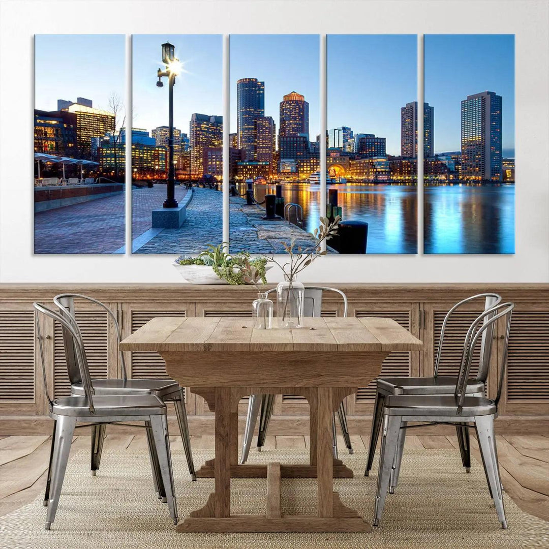 The modern living room features the Boston City Lights Sunrise Skyline Cityscape View Wall Art Canvas Print, crafted with museum-quality canvas and a UV-protective coating.