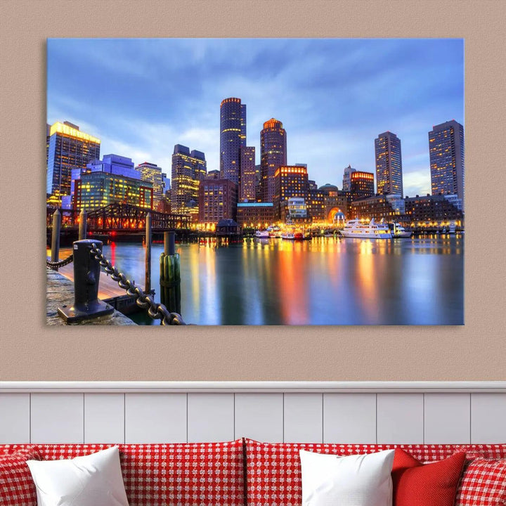 The Boston City Lights Sunset Cloudy Blue Skyline Cityscape View Wall Art Canvas Print embellishes a contemporary living room. This gallery-wrapped canvas set guarantees museum-quality canvases to enhance any space.