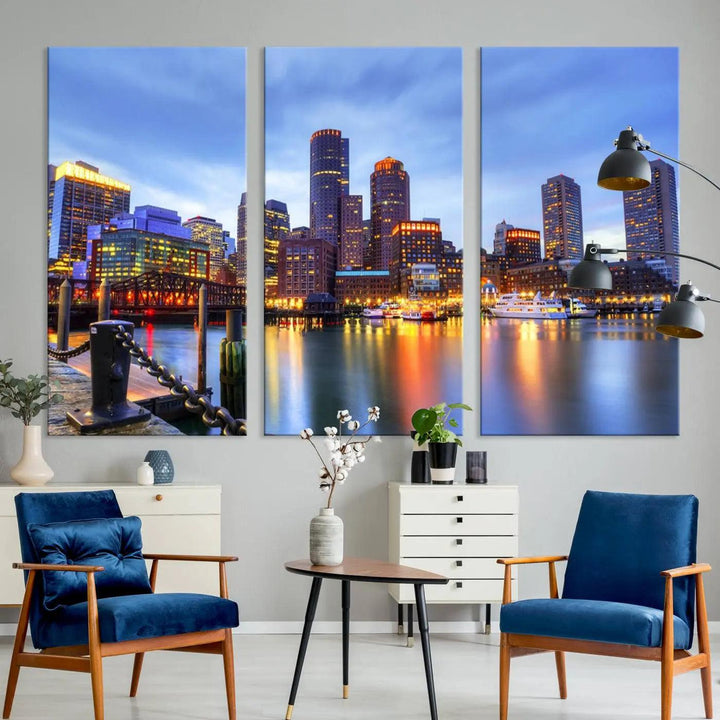 The Boston City Lights Sunset Cloudy Blue Skyline Cityscape View Wall Art Canvas Print embellishes a contemporary living room. This gallery-wrapped canvas set guarantees museum-quality canvases to enhance any space.