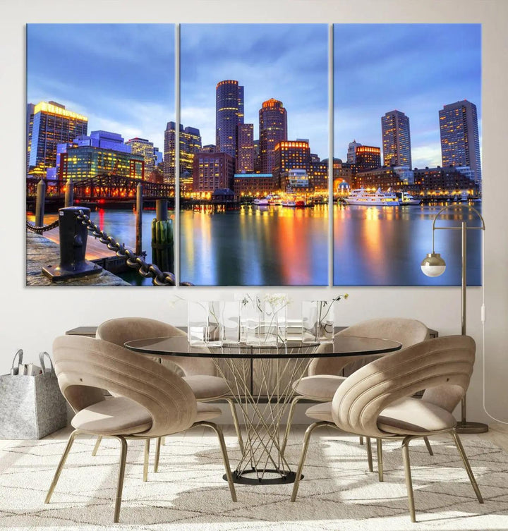 The Boston City Lights Sunset Cloudy Blue Skyline Cityscape View Wall Art Canvas Print embellishes a contemporary living room. This gallery-wrapped canvas set guarantees museum-quality canvases to enhance any space.