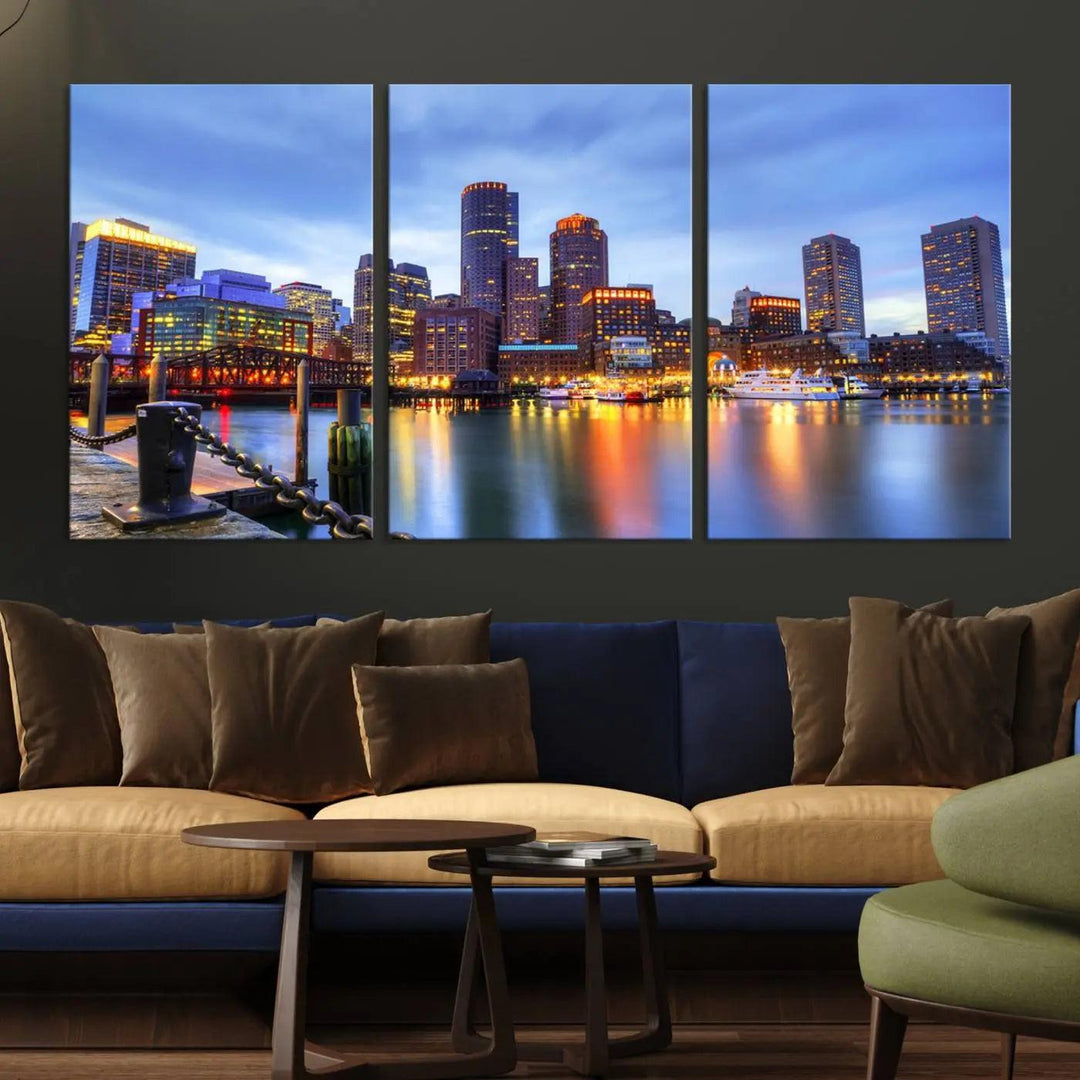 The Boston City Lights Sunset Cloudy Blue Skyline Cityscape View Wall Art Canvas Print embellishes a contemporary living room. This gallery-wrapped canvas set guarantees museum-quality canvases to enhance any space.