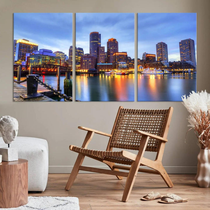 The Boston City Lights Sunset Cloudy Blue Skyline Cityscape View Wall Art Canvas Print embellishes a contemporary living room. This gallery-wrapped canvas set guarantees museum-quality canvases to enhance any space.