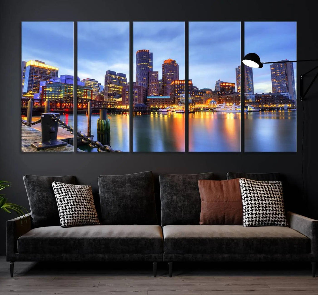 The Boston City Lights Sunset Cloudy Blue Skyline Cityscape View Wall Art Canvas Print embellishes a contemporary living room. This gallery-wrapped canvas set guarantees museum-quality canvases to enhance any space.