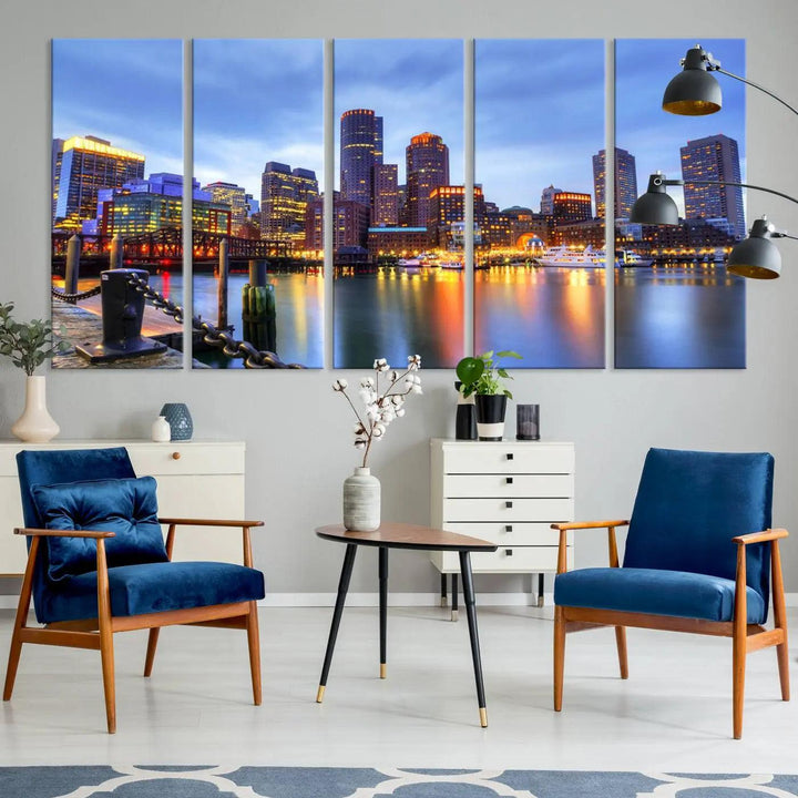 The Boston City Lights Sunset Cloudy Blue Skyline Cityscape View Wall Art Canvas Print embellishes a contemporary living room. This gallery-wrapped canvas set guarantees museum-quality canvases to enhance any space.