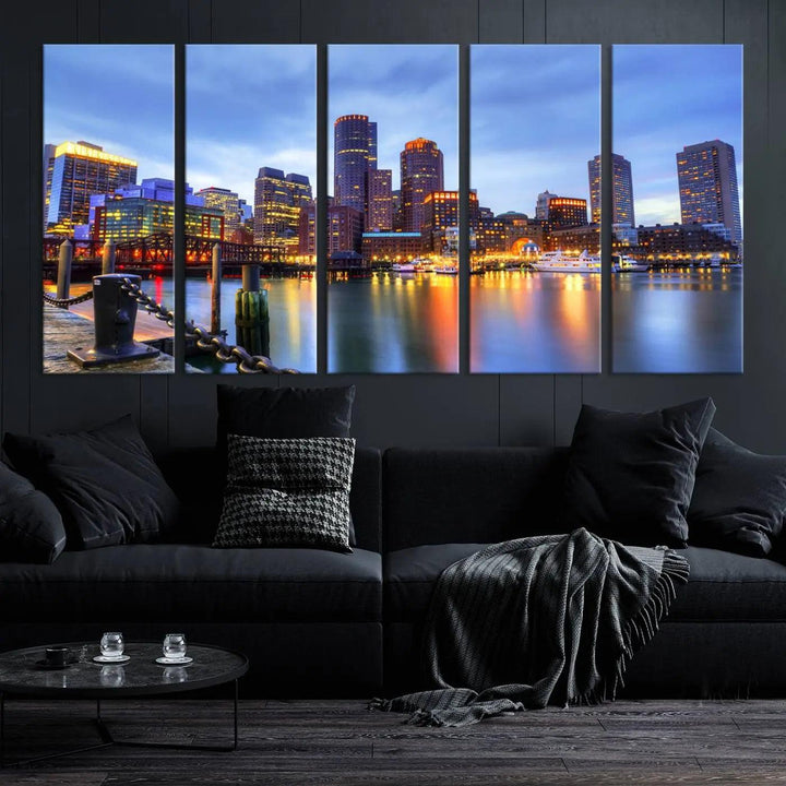 The Boston City Lights Sunset Cloudy Blue Skyline Cityscape View Wall Art Canvas Print embellishes a contemporary living room. This gallery-wrapped canvas set guarantees museum-quality canvases to enhance any space.